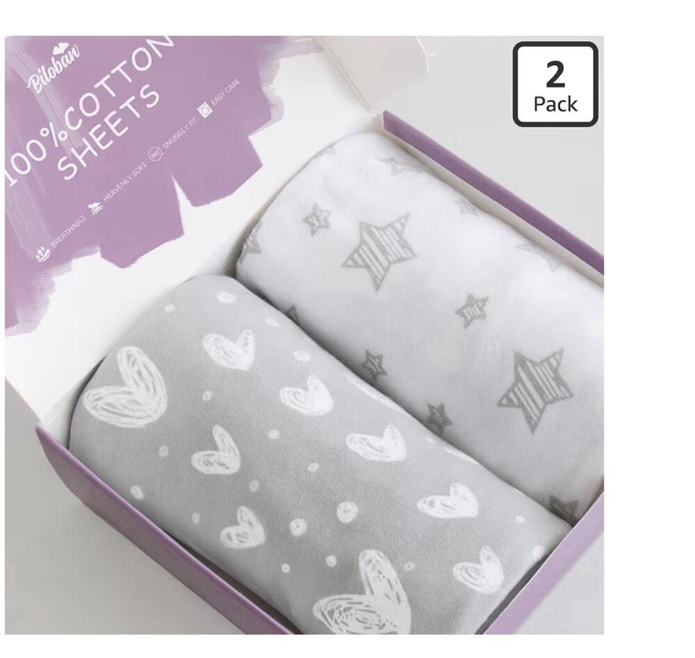 Biloban 2 Pack Bassinet Sheets For Babies Heart & Stars Gray